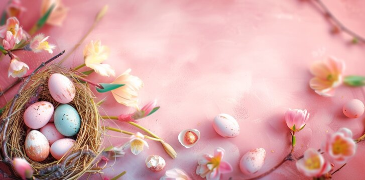 Golden Hues of Easter - Vibrant Eggs, Tulips, and Nest Adorning a Pink Background. Made with Generative AI Technology