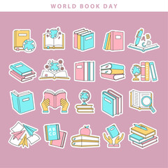 world book day sticker icon collection in cute flat design style
