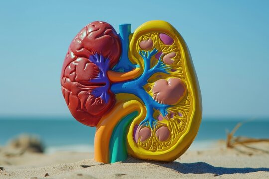 A plastic model of the human body is seen on a beach, illustrating the anatomical structure in a natural setting, Children's beach toy inspired image of a human kidney, AI Generated