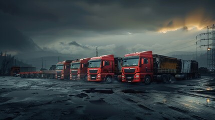 a dramatic photograph of a group of parked trucks