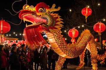 Fototapeta premium A diverse group of individuals standing and admiring a large dragon statue in a bustling city park, Chinese New Year celebration with dragon dances and lanterns, AI Generated