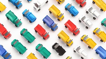 a micro pattern of colorful modern 3D trucks on a white background. - obrazy, fototapety, plakaty