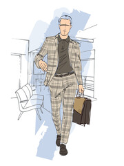Fashion man set. Sketch of a fashion man in a jacket on a white background. Autumn man. Street style - 737819433