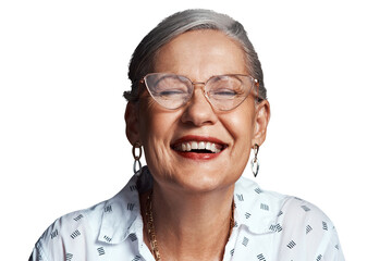 Old woman, laughter with glasses and happiness in headshot, vision and retirement on png transparent background, Prescription eyewear, cat eye frame and wellness with comedy, pension and health - obrazy, fototapety, plakaty
