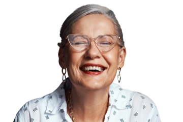 Old woman, laughter with glasses and happiness in headshot, vision and retirement on png transparent background, Prescription eyewear, cat eye frame and wellness with comedy, pension and health