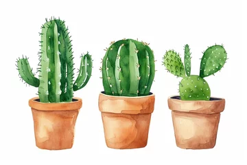 Foto op Plexiglas Cactus in pot Wasserfarben Illustration von süßen Kakteen in kleinen Töpfchen aus Ton 
