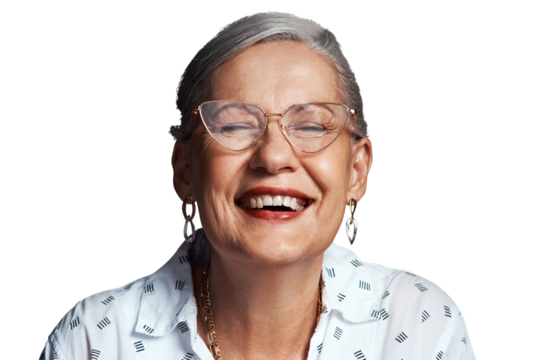 Old woman, laughter with glasses and happiness in headshot, vision and retirement on png transparent background, Prescription eyewear, cat eye frame and wellness with comedy, pension and health