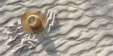Top view beach towel and hat on sand beach, flat lay Summer holiday vacation concept