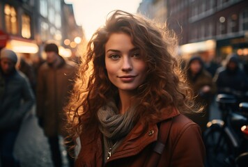 a woman with curly red hair and a scarf - obrazy, fototapety, plakaty