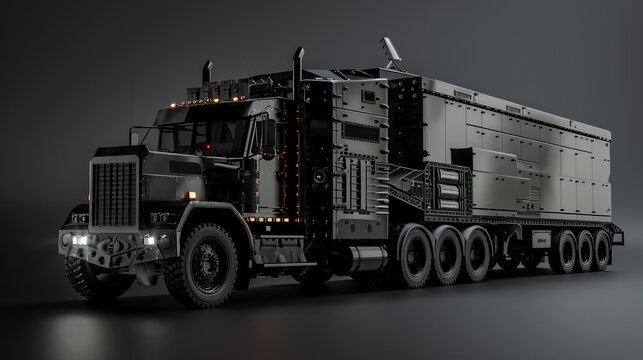A specification sheet for kit style black military stealth armored truck 18 wheel tractor trailer. black background