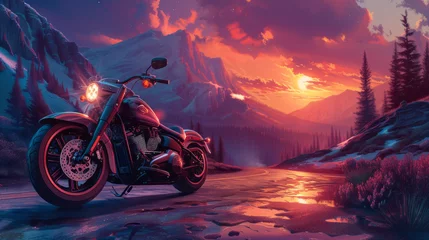 Foto op Plexiglas Adventurous Night Ride Motorcycle Cruising Through Mountain Passes © jesica