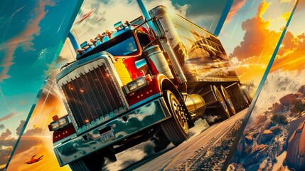 movie poster. A collage of multiple banners featuring a semi-trailer truck. Each large diagonally curved panel captures an individual epic action scene. - obrazy, fototapety, plakaty