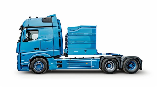big european blue truck side view, isolated on white background