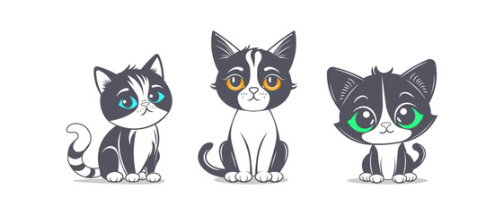 Vector set of simple graphic black and white cute kind cartoon kittens with colored eyes. Pet stickers. Sitting cats. Isolated background.