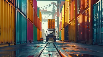 Container carrier forklift loading onto truck at dock with stack of colorful container boxes background and copy space, Cargo shipping import export logistics transportation industry concept
