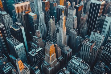 An overhead perspective capturing the bustling cityscape with towering skyscrapers and urban infrastructure, City skyline littered with skyscrapers in varying heights, AI Generated