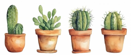 Wasserfarben Illustration von vier Kakteen in kleinen Töpfchen aus Ton 