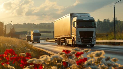 Convoy of white trucks with containers on the highway, cargo transportation concept in spring - shipping service - obrazy, fototapety, plakaty