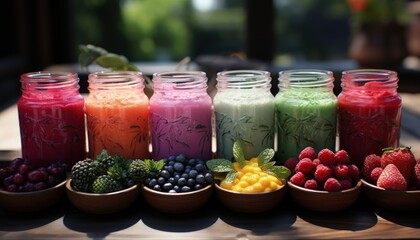 A colorful array of smoothies and juices at a health bar