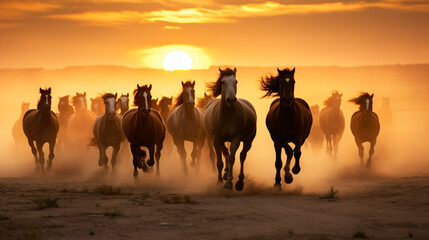 A herd of horses running across a dusty landscape. - obrazy, fototapety, plakaty