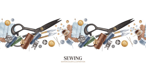 Sewing and embroidery kit. Threads, tailor's scissors, needles, presser foot, bobbin case, buttons. Seamless pattern. Handicraft store. Border for background design, textile, banner. Watercolor - obrazy, fototapety, plakaty