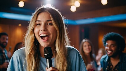 Young pretty woman happy and motivated, singing a song with a microphone, presenting an event or having a party, enjoy the moment - obrazy, fototapety, plakaty
