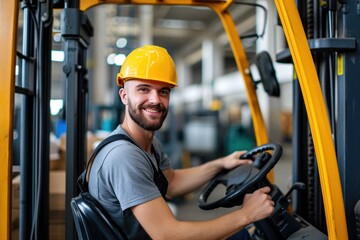 happy employer in a safety vest in a warehouse instructing a forklift driver 