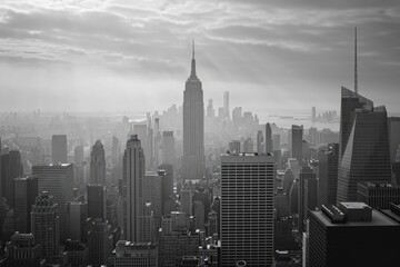 Black and White Photo of a City Skyline at Dusk, Classic interpretation of the New York City skyline with its iconic skyscrapers, AI Generated