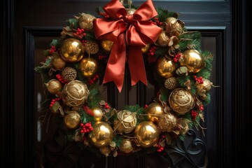 Fototapeta na wymiar A Christmas door wreath decoration with gold and red bows and ribbons, holly berries, gold bauble decorations and gold bells