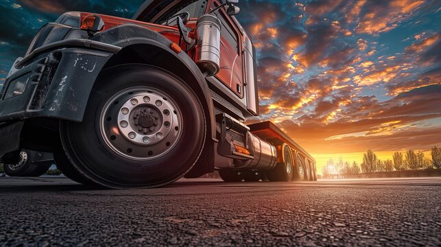 front of a parked semitruck under a dusk sky. truck wheels.Transportation of freight trucks in industry. Auto service shop