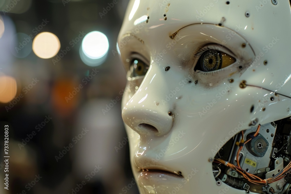 Poster a robotic entity with an intricate web of wires entangling its face, illustrating the complexity of 