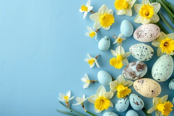 Easter pastel background with colorful easter eggs and daffodils