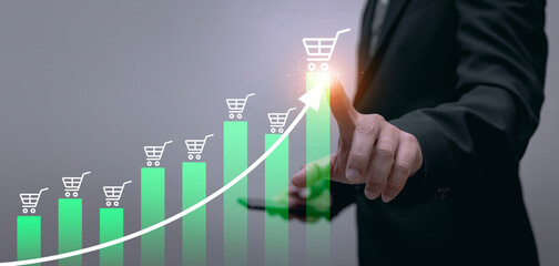 Ecommerce Business Growth Ideas Growing graph with shopping cart icon - obrazy, fototapety, plakaty