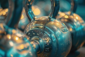 A detailed image of a blue kettle placed on a table, showcasing its vibrant color and intricate design, Close up of gleaming gym weights and kettlebells, AI Generated