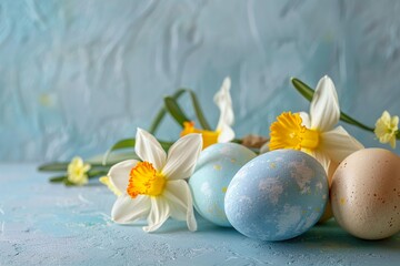 Easter pastel background with colorful easter eggs and daffodils