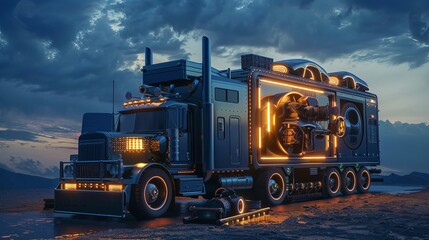Futuristic Truck with trailer and computer, car parts in wooden crates, dark blue, golden hour 