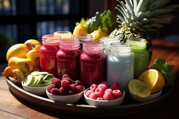 A colorful array of smoothies and juices at a health bar