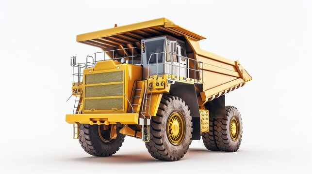 3D rendering of a mining dump truck and other heavy construction equipment on a white background
