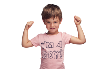 Happy boy, portrait and flexing arms or muscle in fashion for strength or childhood on a transparent PNG background. Face of young male person, little child or cute kid with smile or strong attitude