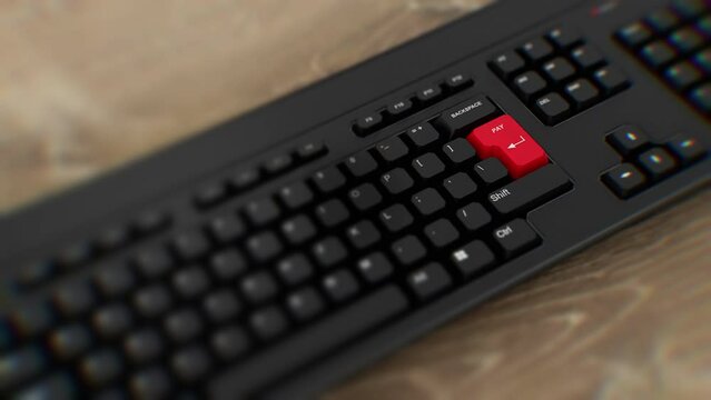 Pay red button on keyboard. A finger presses Pay. Click Pay. Realistic keyboard button. Red button Pay to push. Set for action. Keyboard with unique word to press. Wideshot CGI