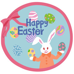 カラフルなイースターエッグを両手に持つイースターバニーとリボンの円形イラスト