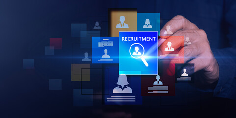 Recruitment concept uses a smartphone with virtual recruiting icons to make the recruitment process...