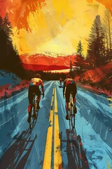Two cyclists competing in a digital art-style race on two separate roads - obrazy, fototapety, plakaty