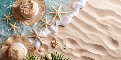 Top view hat and starfish on the sand beach background, flat lay Summer holiday vacation concept - obrazy, fototapety, plakaty