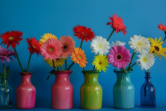 Vibrantly Arranged Daisies Showcased Against a Colorful Blue Background. Concept Nature-inspired Photography, Floral Beauty, Artistic Flower Arrangements, Captivating Color Combinations