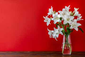 Fresh white flowers in a vase adorn a wooden table against a vibrant red backdrop. Concept Flower Arrangements, White and Red Color Contrast, Wooden Table Decor, Vibrant Backdrop