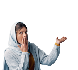 Shock, portrait and Muslim woman, gesture and isolated in transparent background. Girl, png and hand on mouth with hijab on head for culture of Islamic faith, showing and person in religion