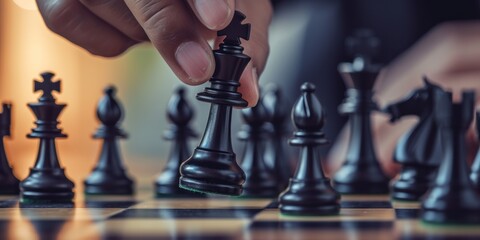 Man's hand moves chess into position on chessboard copy space 