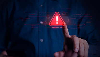 Red system warning sign on smartphone Deception virus attack firewall for hacker protection error...