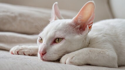 White cornish rex cat lying on bed in the bedroom